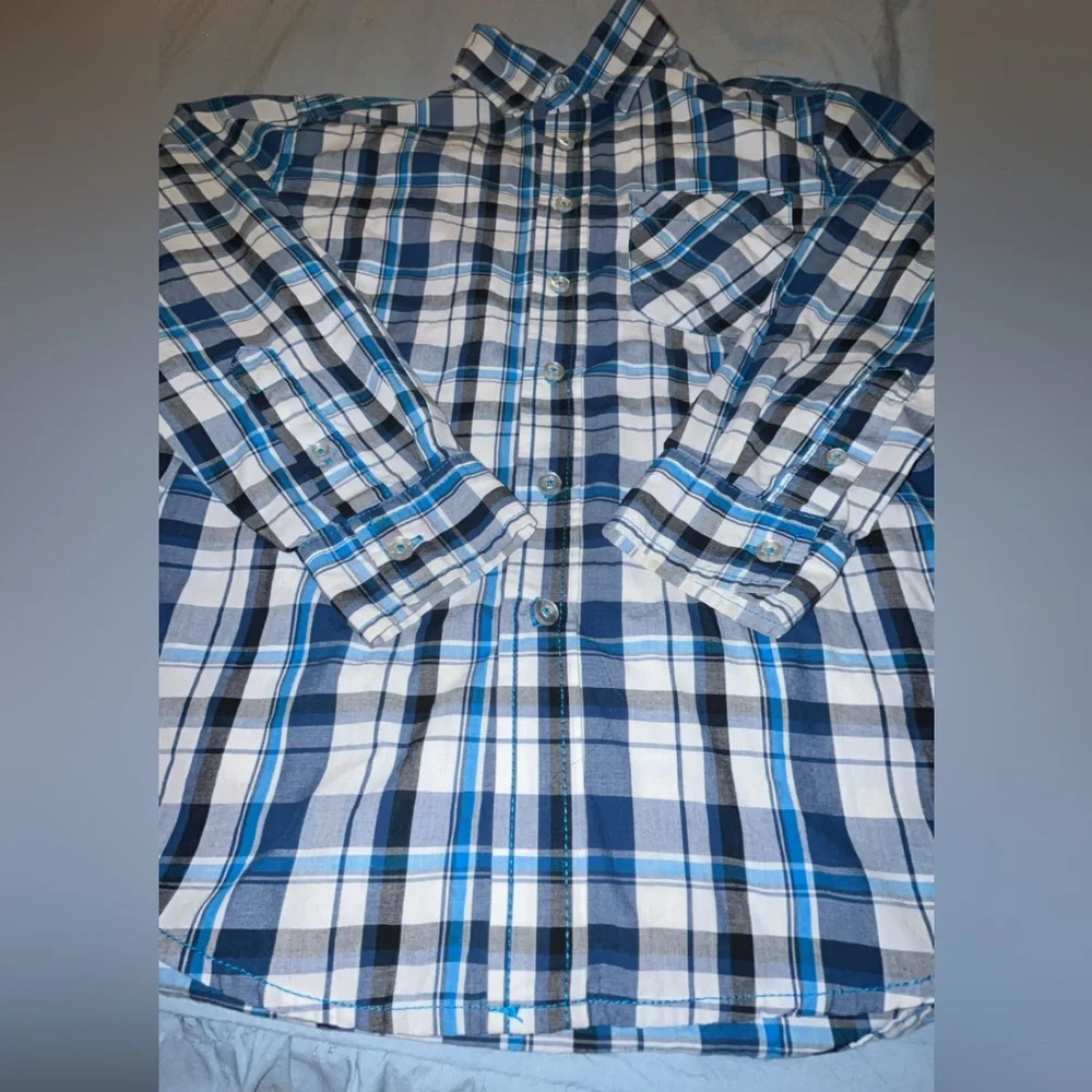Faded Glory Blue and White Plaid Button-Down Shirt - Kids